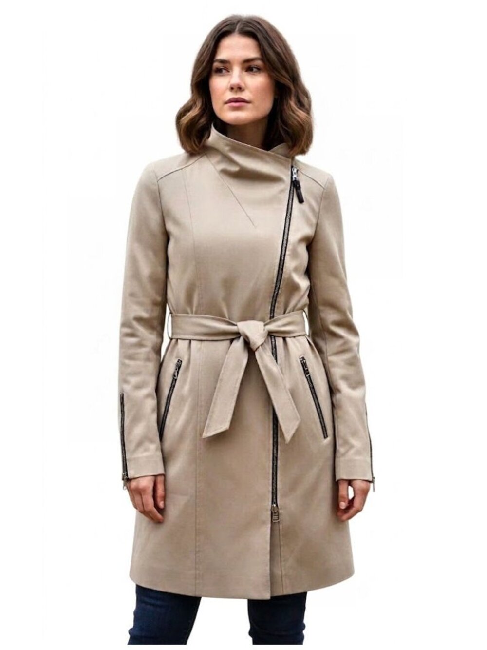 Mackage Estela Belted Asymmetrical Zip Trench Coat, Sand/Camel, Women's Size XS